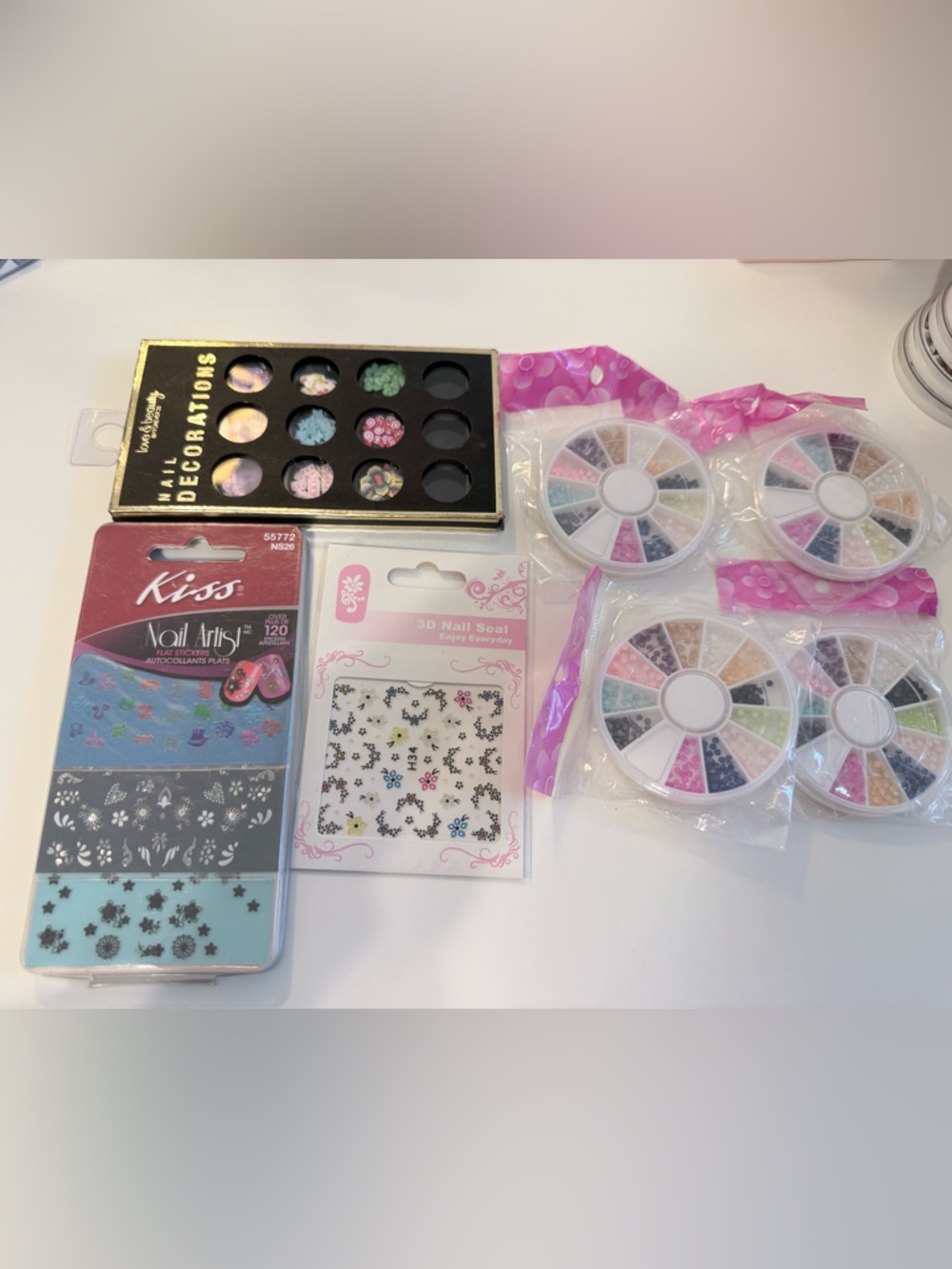 🐣5/$25-Lot of Nail Art Decals and Flat Sided Faux Pearl Embellishments
